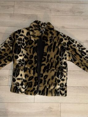 Express Leopard Print Faux Fur Jacket in Brown and Black